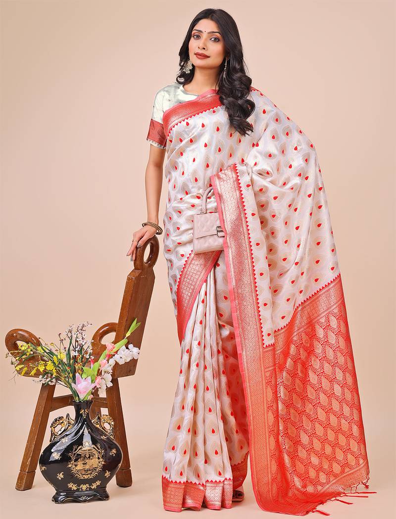 white color woven banarasi art silk saree with blouse