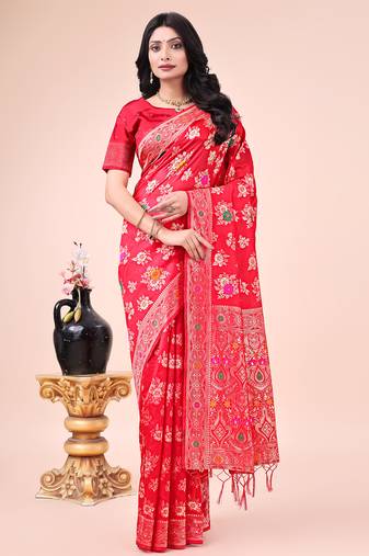 red color woven banarasi art silk saree with blouse
