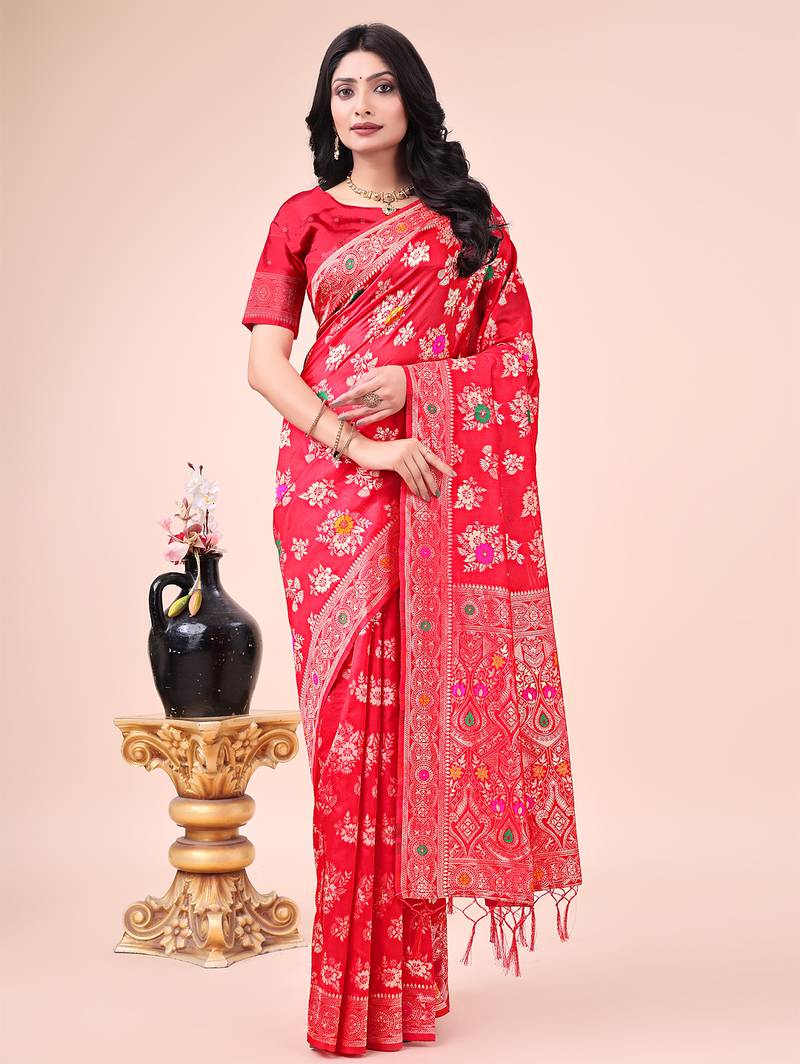 red color woven banarasi art silk saree with blouse