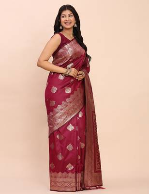 magenta woven banarasi art silk blend saree with blouse 1