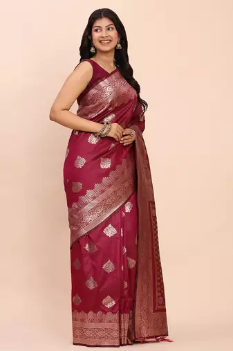 magenta color woven banarasi art silk saree with blouse