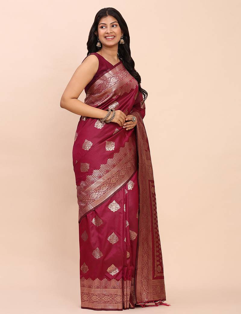 magenta color woven banarasi art silk saree with blouse