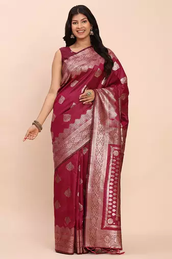 magenta color woven banarasi art silk blend saree with blouse