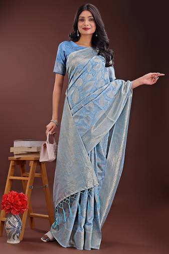 sky blue color woven work cotton saree with blouse