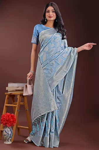 sky blue color woven work cotton saree with blouse