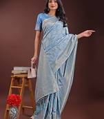 sky blue color woven work cotton saree with blouse