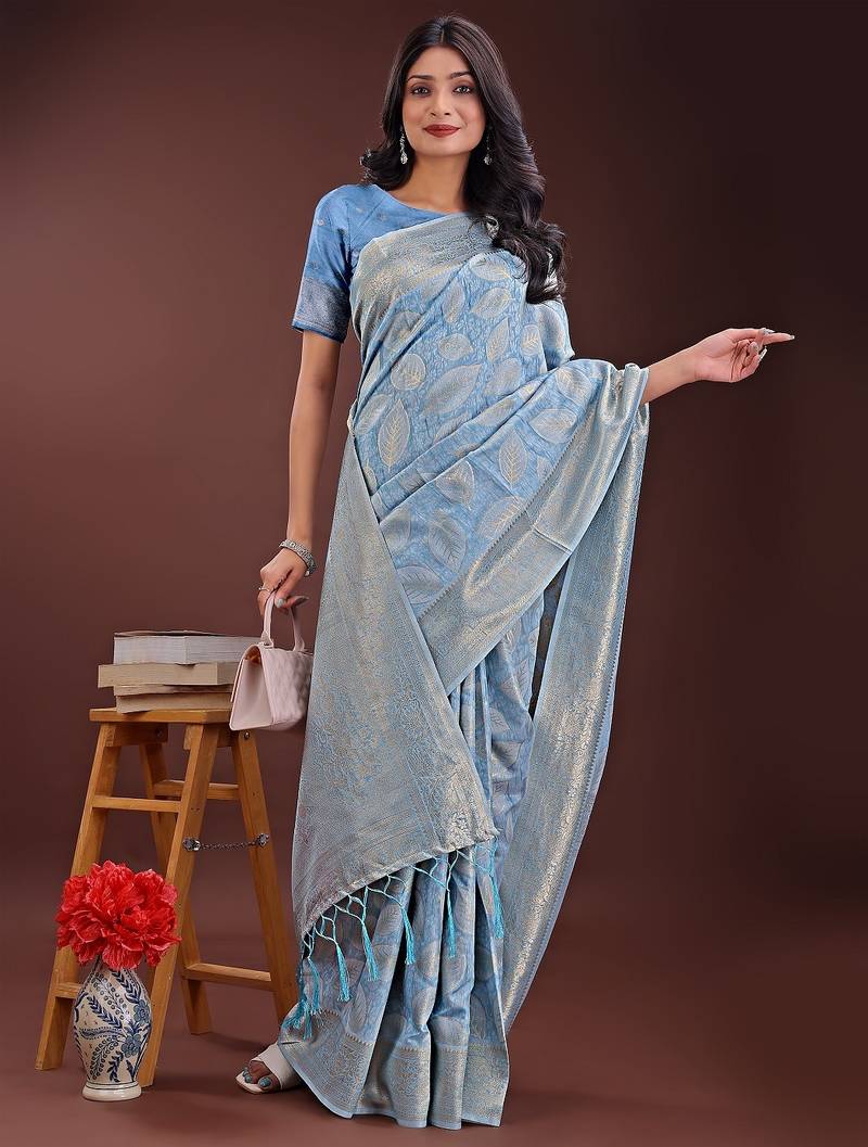sky blue color woven work cotton saree with blouse
