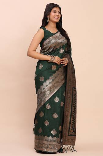 green color woven banarasi art silk saree with blouse