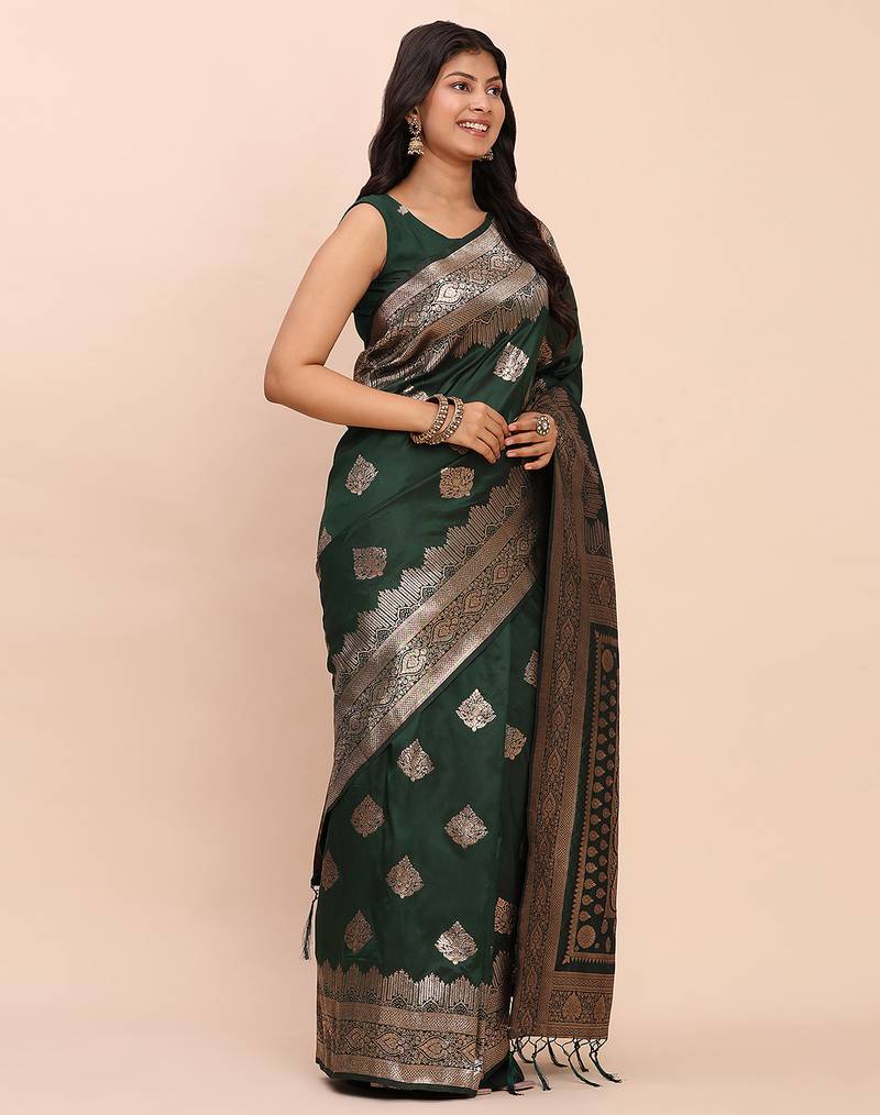 green color woven banarasi art silk saree with blouse
