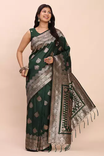green color woven banarasi art silk blend saree with blouse