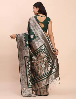 green color woven banarasi art silk blend saree with blouse 4