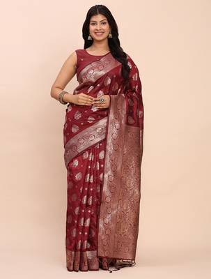 maroon color woven banarasi art silk blend saree with blouse 1