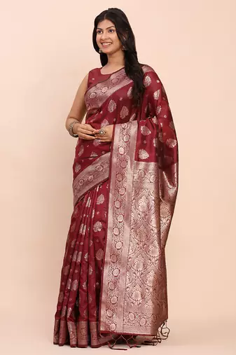 maroon color woven banarasi art silk blend saree with blouse