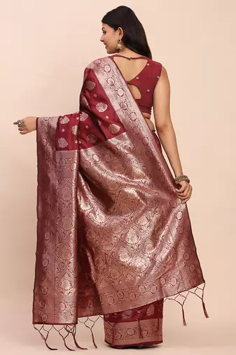maroon color woven banarasi art silk blend saree with blouse