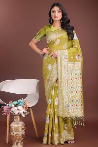 musturd color linen cotton zari weaving saree with blouse
