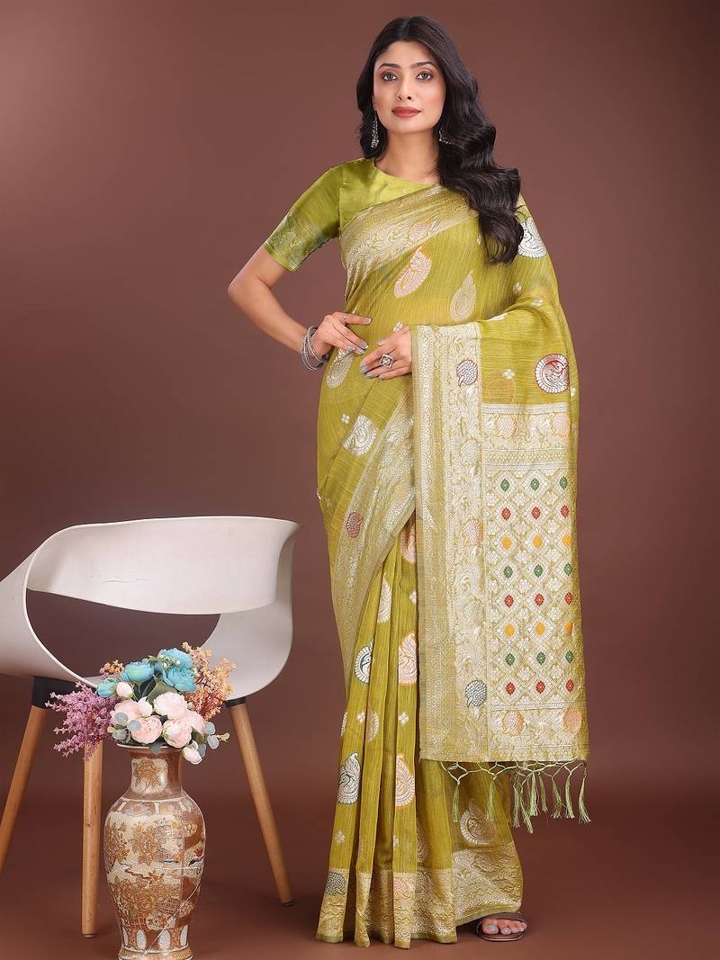 musturd color linen cotton zari weaving saree with blouse