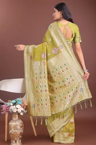musturd color linen cotton zari weaving saree with blouse