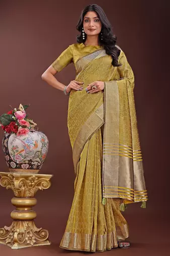 musturd color orgenza zari border saree with blouse