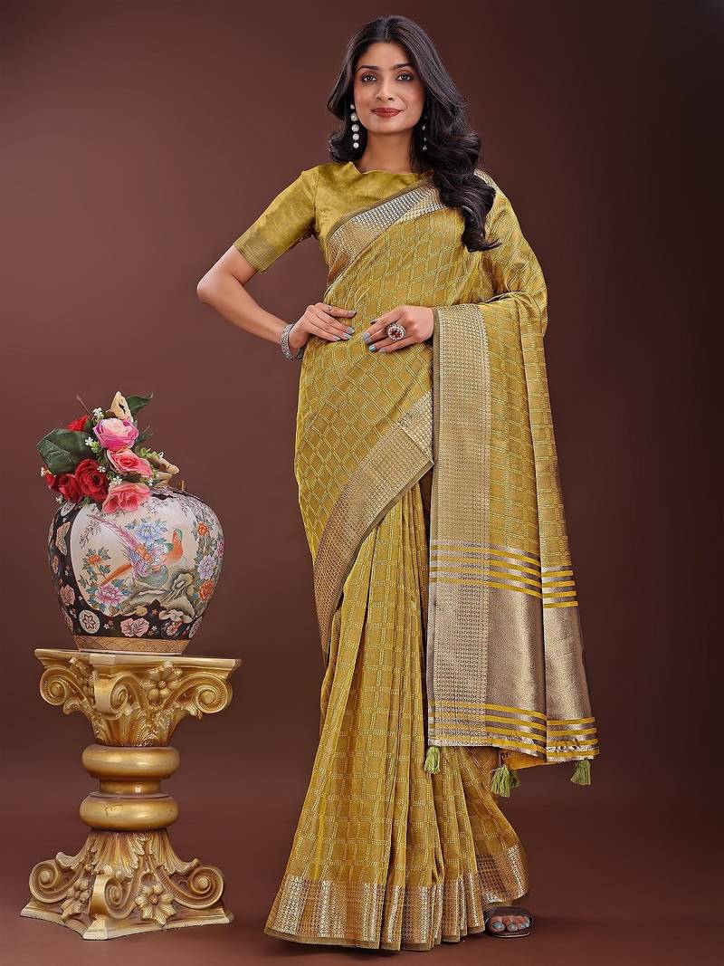 musturd color orgenza zari border saree with blouse