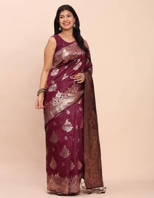 Wine color woven banarasi art silk blend saree with blouse 2