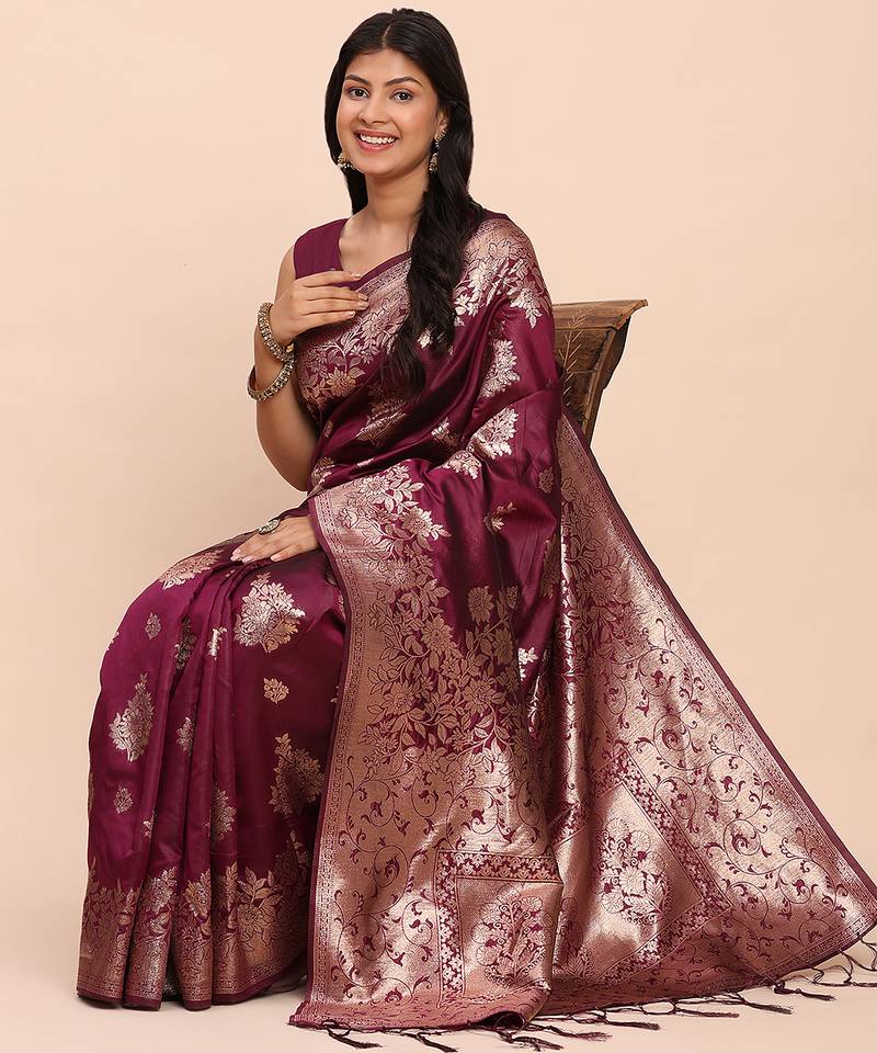 Wine color woven banarasi art silk saree with blouse