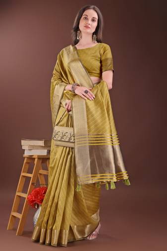 musturd color orgenza zari border saree with blouse