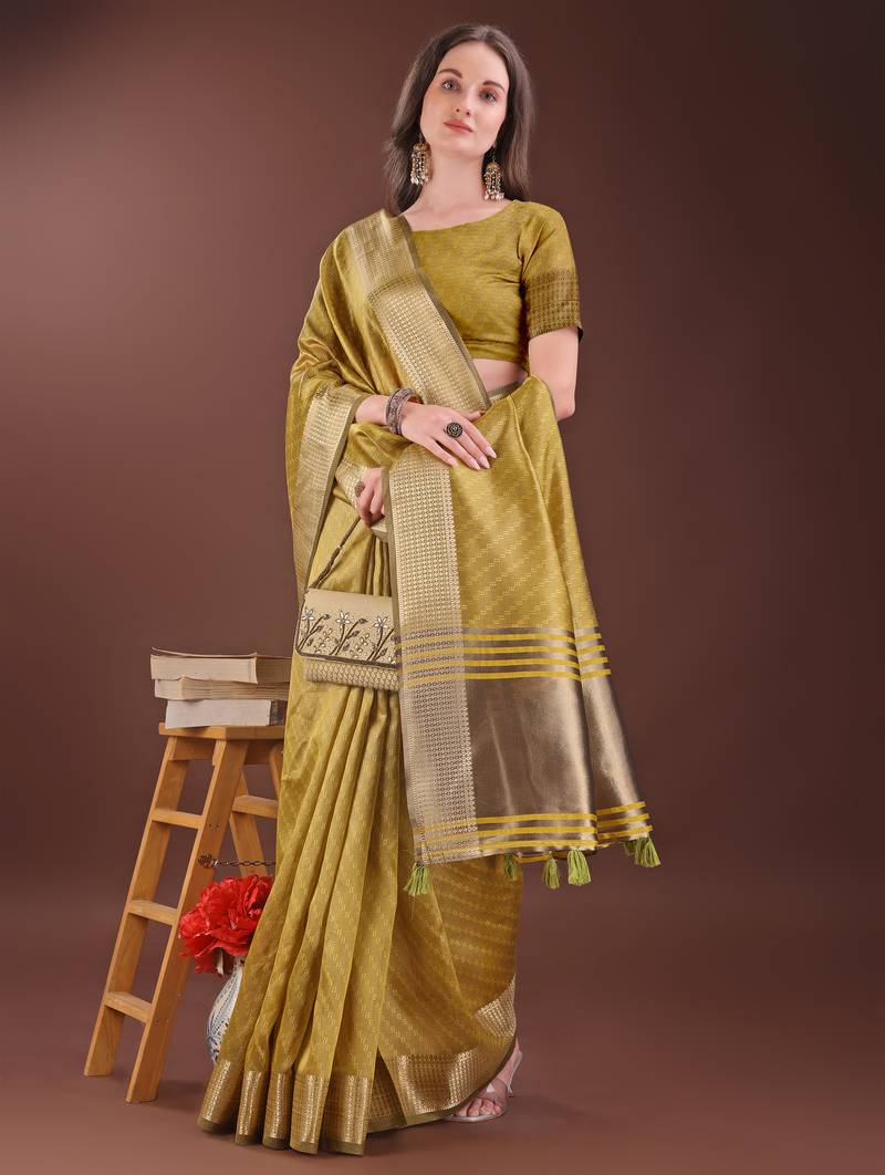 musturd color orgenza zari border saree with blouse