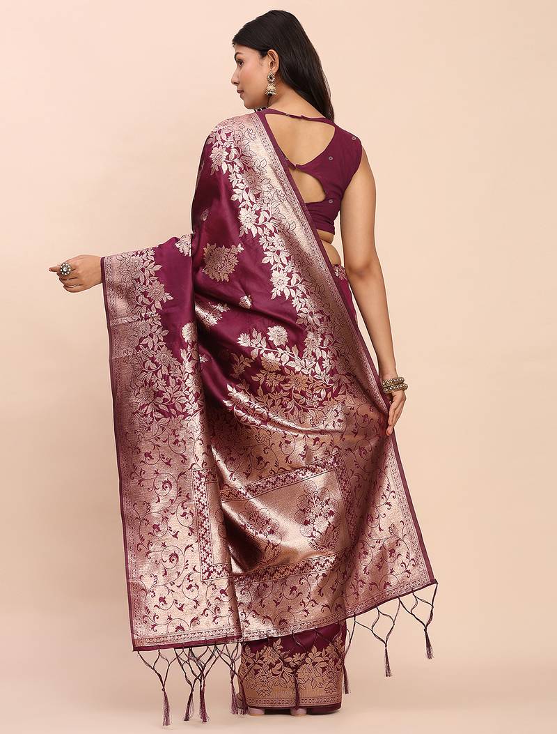 Wine color woven banarasi art silk saree with blouse