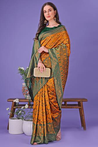 musturd color woven lichi art silk blend saree with blouse