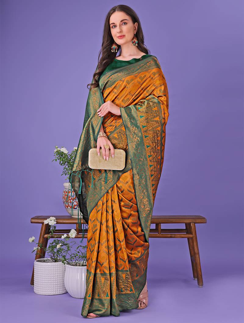 musturd color woven lichi art silk blend saree with blouse