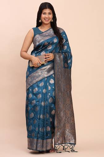 teal color woven banarasi art silk saree with blouse