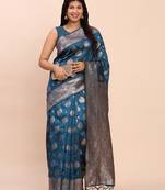 teal color woven banarasi art silk saree with blouse