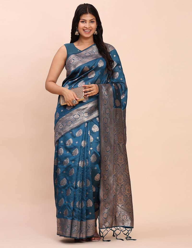 teal color woven banarasi art silk saree with blouse