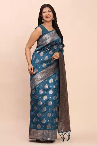 teal color woven banarasi art silk blend saree with blouse