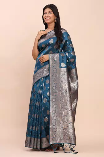 teal color woven banarasi art silk blend saree with blouse
