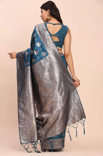teal color woven banarasi art silk blend saree with blouse