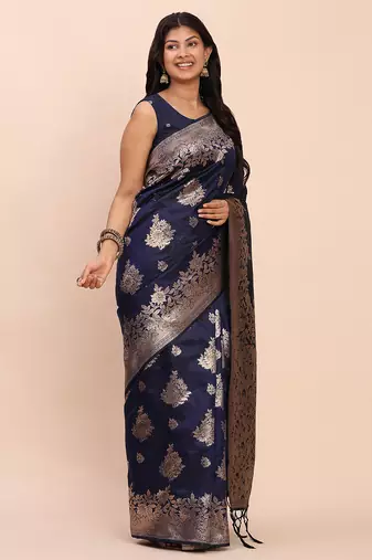 navy color woven banarasi art silk blend saree with blouse
