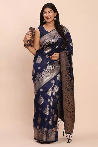 navy color woven banarasi art silk blend saree with blouse
