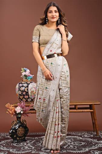 brown color linen cotton woven saree with blouse