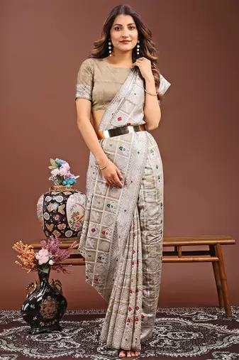 brown color linen cotton woven saree with blouse