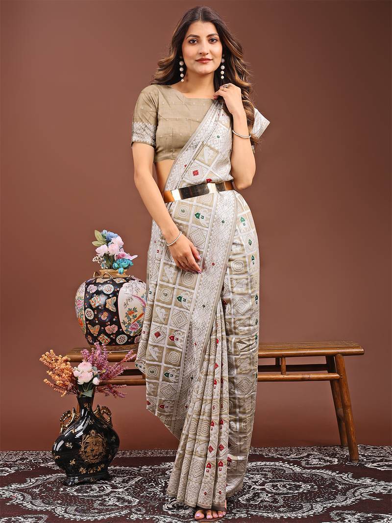 brown color linen cotton woven saree with blouse