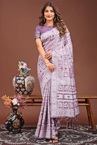 purple color linen cotton woven saree with blouse