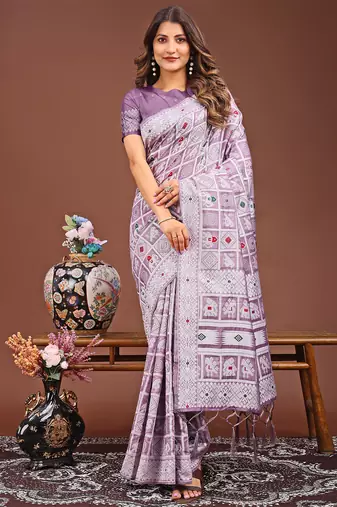 purple color linen cotton woven saree with blouse