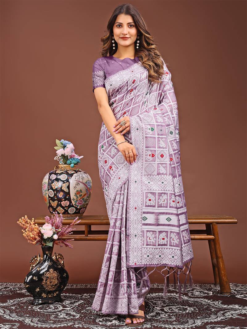 purple color linen cotton woven saree with blouse