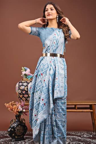 sky-blue color linen cotton woven saree with blouse