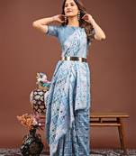 sky-blue color linen cotton woven saree with blouse