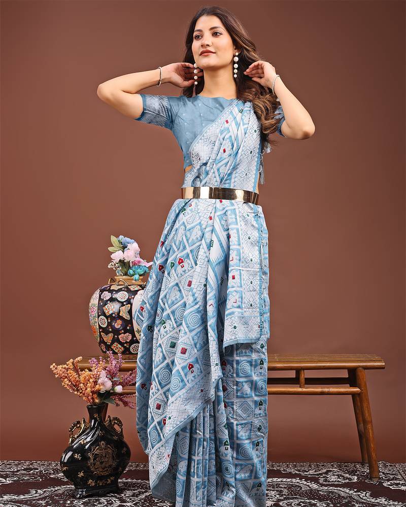 sky-blue color linen cotton woven saree with blouse