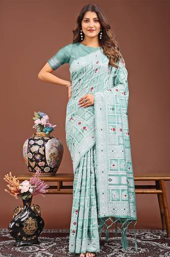 Blue color linen cotton woven saree with blouse