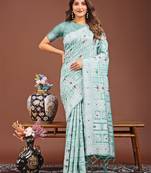 Blue color linen cotton woven saree with blouse