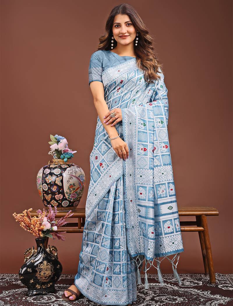 Blue color linen cotton woven saree with blouse